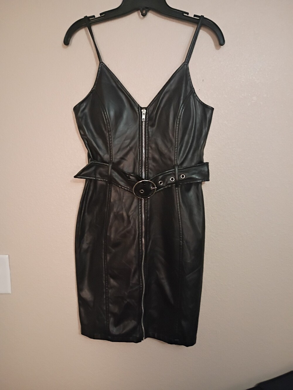 Haute Monde Black Faux Leather Zip Front Belted Mini Dress